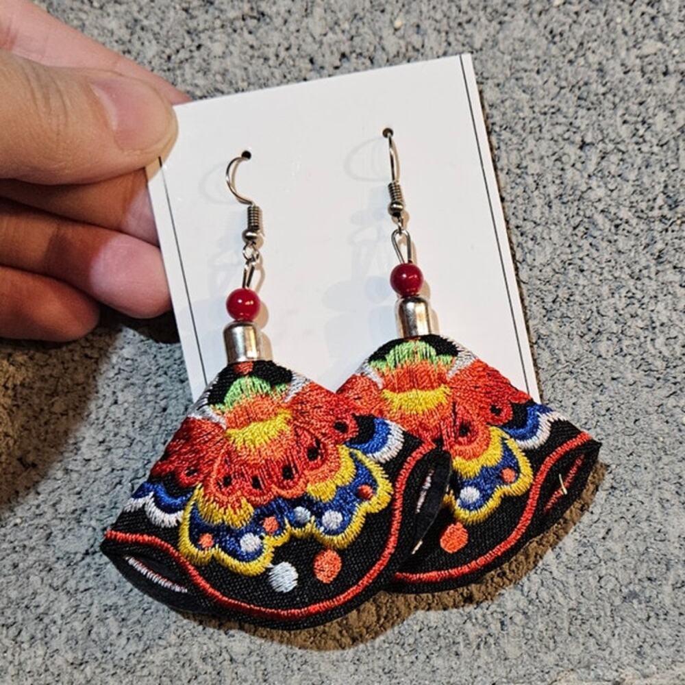 Boutique Beautiful Eclectic Colorful Floral Embroidered Fabric Fan Drop Earrings